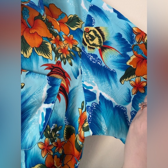 Vintage 70s Authentic Hawaiian Luau Shirt Mens M Hibiscus Floral Ocean Blue - Picture 12 of 15